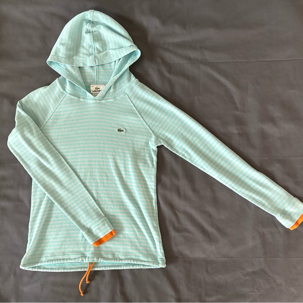 Lacoste Light Blue Striped Hoodie with Orange Accents